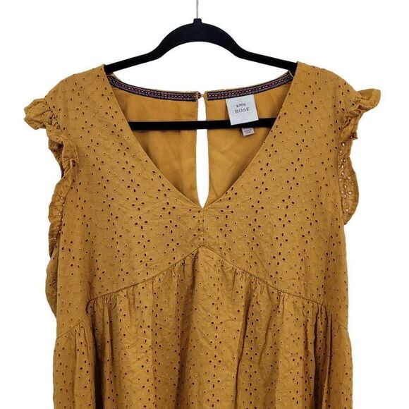 Knox Rose Baby Doll‎ Dress XXL Mustard Ruffle Flutter Short Sleeve Eyelet A-Line - Picture 5 of 13